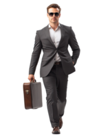 Confident Businessman in Suit Walking with Briefcase, Sunglasses On, Isolated on Transparent Background png