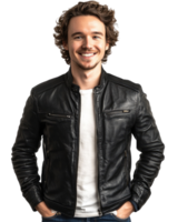 Happy Man in Black Leather Jacket with Hands in Pockets, Isolated on Transparent Background png