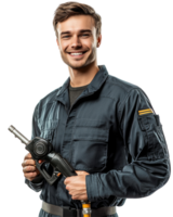 Smiling Technician in Dark Blue Work Uniform Holding Tool, Isolated on Transparent Background png