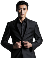 Confident Asian Man in Black Suit with Hand on Jacket, Isolated on Transparent Background png