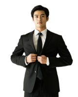 Stylish Asian Man in Black Suit Adjusting His Jacket, Isolated on Transparent Background png