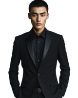 Asian Man in Black Tuxedo with a Sharp Look, Isolated on Transparent Background png
