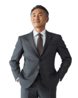 Senior Asian Man in Gray Suit with a Friendly Smile, Isolated on Transparent Background png