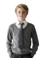 Blonde Schoolboy in Grey Sweater and Tie, Neutral Expression, Isolated on Black Background png