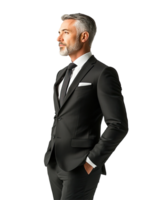 Elegant Grey-Haired Man in Black Suit, Business Professional Look, Isolated on Transparent Background png