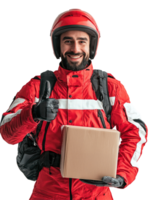 Smiling Delivery Man in Red Uniform with Box, Friendly and Professional, Isolated on Transparent Background png