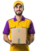 Smiling Delivery Man in Yellow and Purple Uniform Holding Box, Friendly and Reliable, Isolated on Transparent Background png
