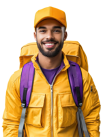 Smiling Young Male Courier in Yellow Jacket with Backpack, Friendly and Reliable, Isolated on Transparent Background png