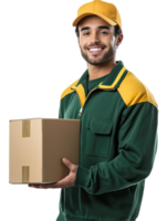 Smiling Delivery Worker in Green and Yellow Uniform Holding Box, Friendly and Trustworthy, Isolated on Transparent Background png