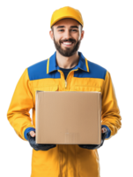 Smiling Courier in Blue and Yellow Uniform Holding Box, Professional and Friendly, Isolated on Transparent Background png