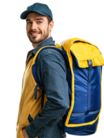Confident Male Courier in Blue Uniform with Yellow Backpack, Delivery Service, Isolated on Transparent Background png
