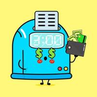 Cute Punch Clock Character With Wallet. Cartoon Time And Money Concept vector