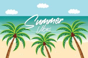 Summer Vibes Postcard Design with Palms Flat Illustration. vector