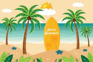 Hello Summer Flat Illustration with Surfboard on Tropical Palm Beach. vector