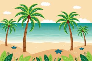 Flat Illustration of Summer Tropical Beach with Palms. vector