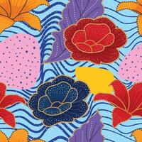 Intricate red lilies and white roses blossom seamless batik pattern on a warm terracotta background, accented with gold detailing. The design evokes a rich, rustic vector