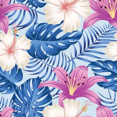 Floral seamless pattern with monstera leaves. flowers tropical background
