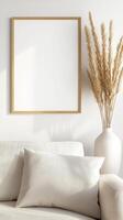 Mock up poster frame on white sofa with pillows and vase 3d rendering photo