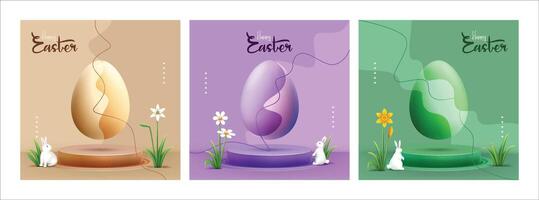 set of happy easter social media post template design with illustration 3d podium and easter egg, flowers, easter bunny vector
