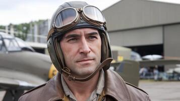 A man in a leather jacket and goggles stands in front of an airplane photo