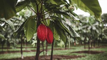 Cocoa beans growing on a tree in a field photo