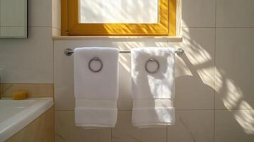 A bathroom with a window and two towels hanging on a towel rack photo