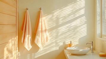 A bathroom with a sink and towel hanging on the wall photo