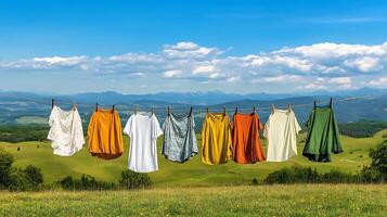 A line of clothes hanging on a clothesline in a field photo