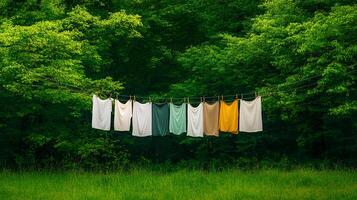 Clothes hanging on a clothesline in a green field photo