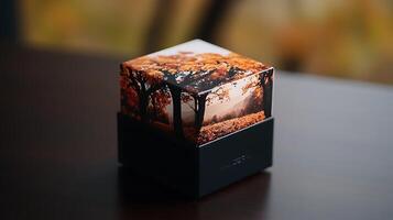A small cube with a picture of trees on it photo