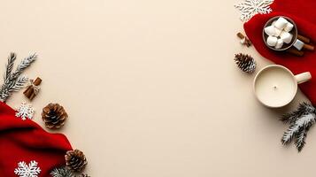 Christmas background with red scarf, cinnamon sticks, marshmallows and fir cones photo