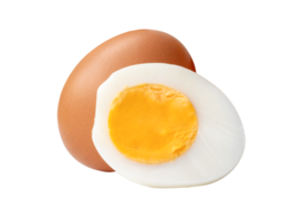 A small heap of raw brown chicken eggs and cooked or boiled chicken egg with egg yolk in half isolated with clipping path in file format png