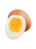 Raw brown chicken eggs and cooked or boiled chicken egg with egg yolk in half isolated with clipping path in file format png
