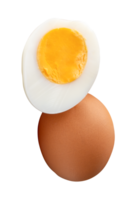 Front view of raw brown chicken eggs and cooked or boiled chicken egg with egg yolk in half in stack isolated with clipping path in file format png