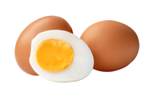 A heap of raw brown chicken eggs and cooked or boiled chicken egg with egg yolk in half isolated with clipping path in file format png