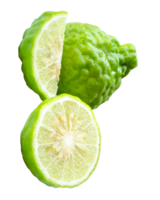 One wrinkled fresh green bergamot fruit or kaffir lime with half and slice or quarter in stack isolated with clipping path in format png