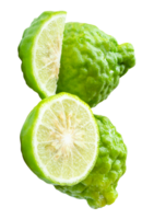 Wrinkled green bergamot fruits or kaffir lime with half and slice or quarter in stack isolated with clipping path in file format png