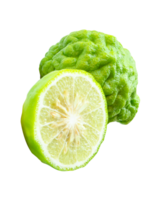 Wrinkled green bergamot fruit or kaffir lime with half isolated with clipping path in file format png