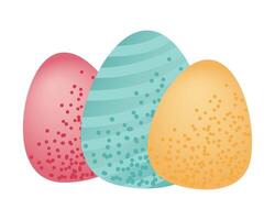 Three large colorful Easter eggs in closeup view with decorative texture. Festive holiday design. Easter celebration and springtime holidays. vector