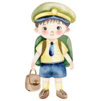 A cute illustration of a young boy wearing a school uniform, a cap, and carrying a backpack and satchel, ready for school. png