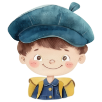 A cheerful boy with a blue beret and a yellow coat, illustrated in a playful, cartoonish style. png
