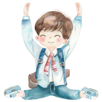 A joyful child with a backpack raises arms in celebration, showcasing happiness and excitement in a playful illustration. png
