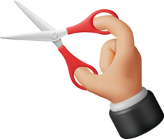 3D scissors with red plastic handles in hand icon png