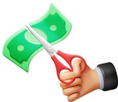 3D hand with scissors cutting dollar banknote png