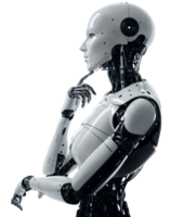 White robot stands in a thoughtful pose. Concept of artificial intelligence development. png