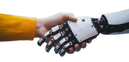 Human and robotic hands shake in a demonstration of advanced technology and collaboration in artificial intelligence and robotics development png