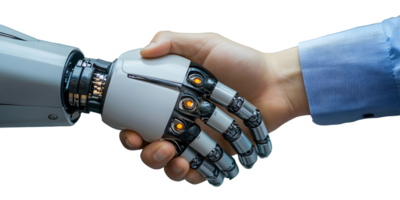 Robotic hand and human hand shake to symbolize collaboration between technology and humanity png