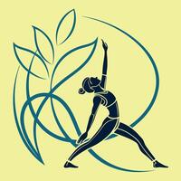 Yoga silhouette in warrior pose with leaf and abstract background. vector