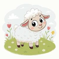 A cute and fluffy sheep smiling in a field of grass and flowers vector