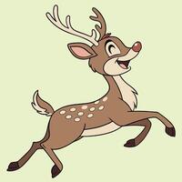 A joyful reindeer jumping with a smile, a cute and happy Christmas cartoon illustration. vector